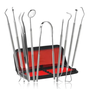 9-Piece Professional Dental Cleaning Kit – Stainless Steel Dentist Tools Set with Plaque & Tartar Remover, Tooth Scraper, Mouth Mirror & Scaler for Home Use