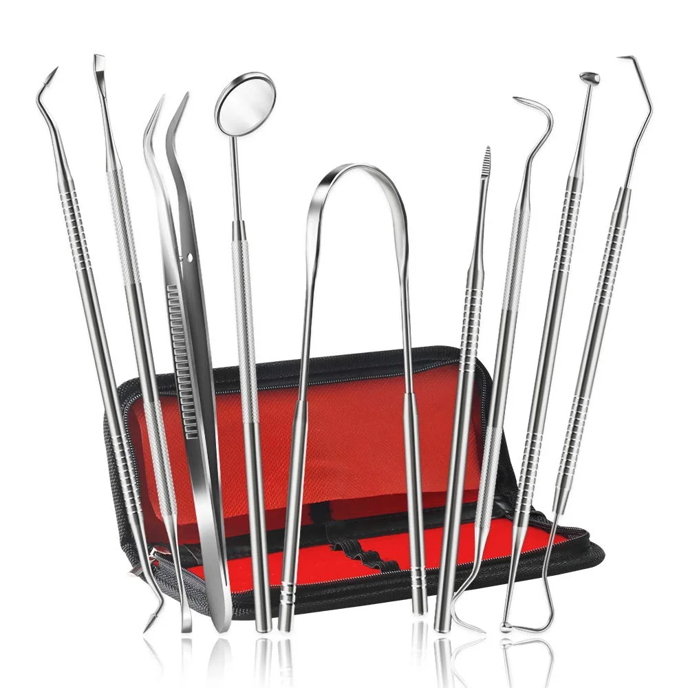 9-Piece Professional Dental Cleaning Kit – Stainless Steel Dentist Tools Set with Plaque & Tartar Remover, Tooth Scraper, Mouth Mirror & Scaler for Home Use